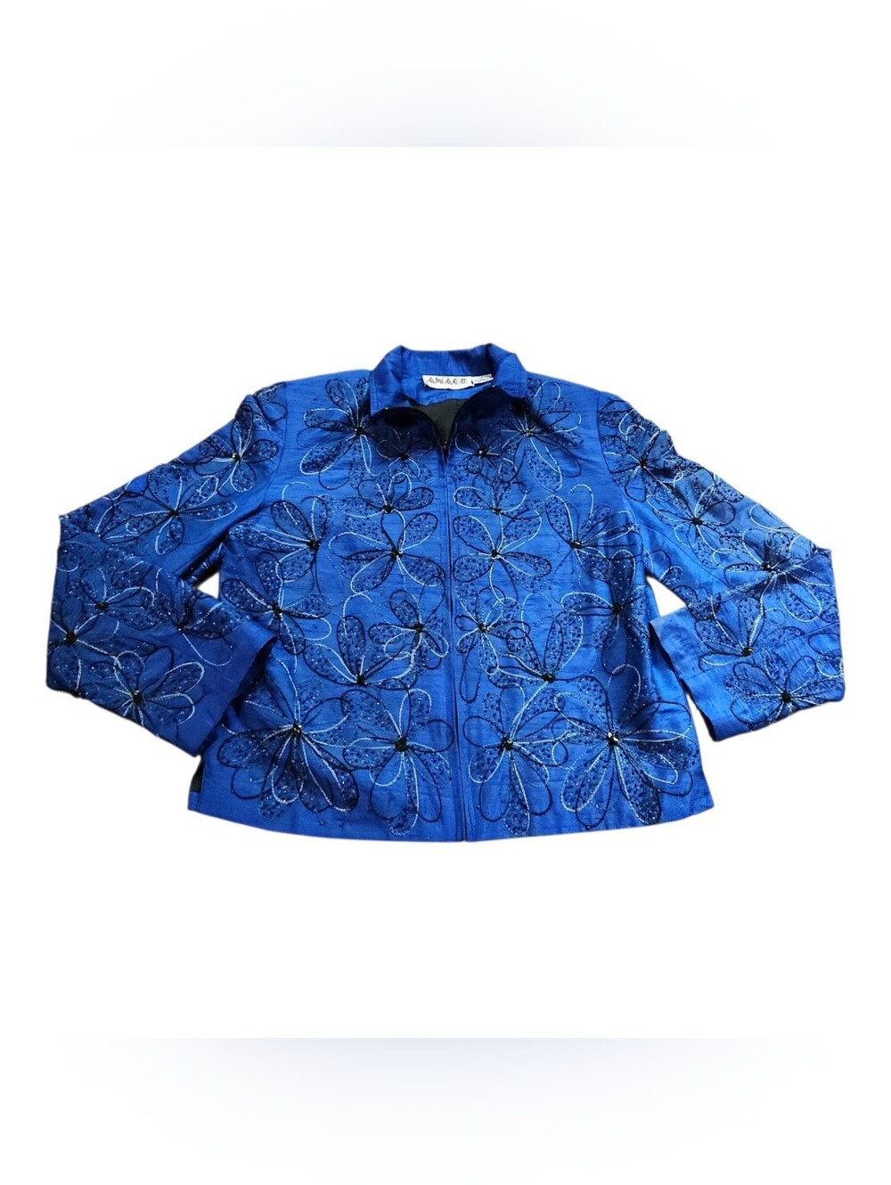 Vintage ANAGE Silk Embroidered Floral Zip Jacket Blue Beaded Maximalist Small